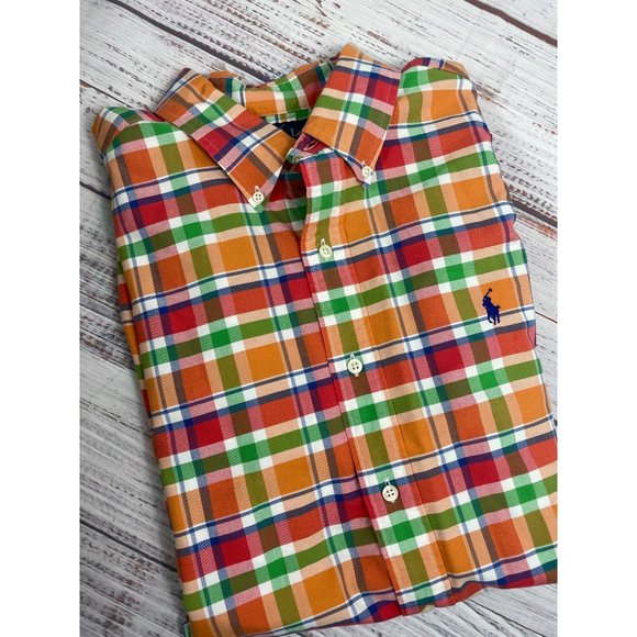 POLO Ralph Lauren Button Down Short Sleeve Shirt‎ sz L -Orange, Green, Pink - Picture 1 of 9